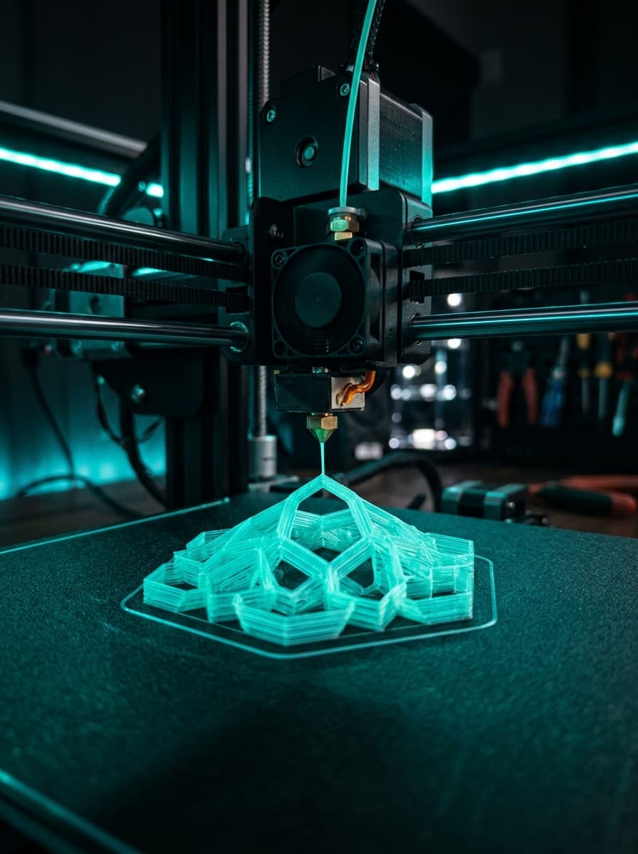 A modern dark style 3D printer printing a geometric pattern